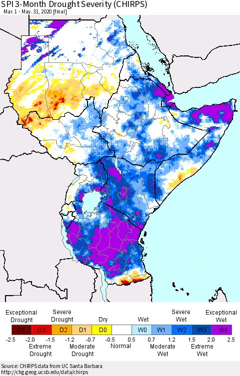 Eastern Africa SPI 3-Month Drought Severity (CHIRPS) Thematic Map For 3/1/2020 - 5/31/2020