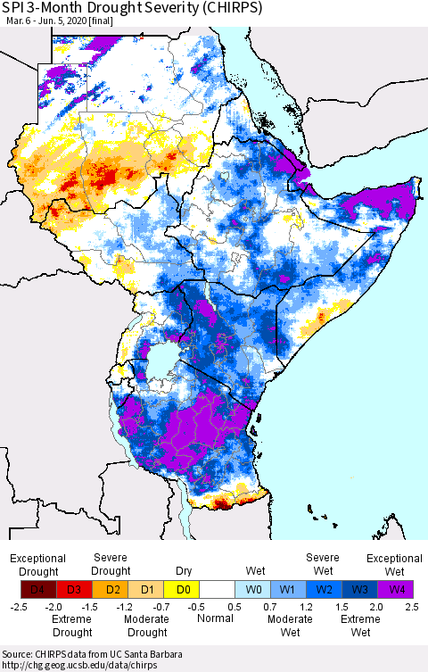 Eastern Africa SPI 3-Month Drought Severity (CHIRPS) Thematic Map For 3/6/2020 - 6/5/2020