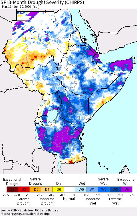 Eastern Africa SPI 3-Month Drought Severity (CHIRPS) Thematic Map For 3/11/2020 - 6/10/2020