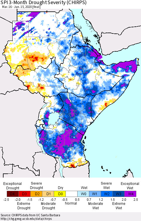 Eastern Africa SPI 3-Month Drought Severity (CHIRPS) Thematic Map For 3/16/2020 - 6/15/2020