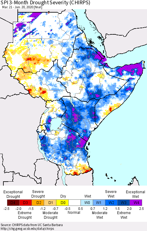 Eastern Africa SPI 3-Month Drought Severity (CHIRPS) Thematic Map For 3/21/2020 - 6/20/2020