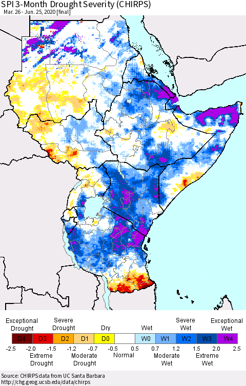 Eastern Africa SPI 3-Month Drought Severity (CHIRPS) Thematic Map For 3/26/2020 - 6/25/2020
