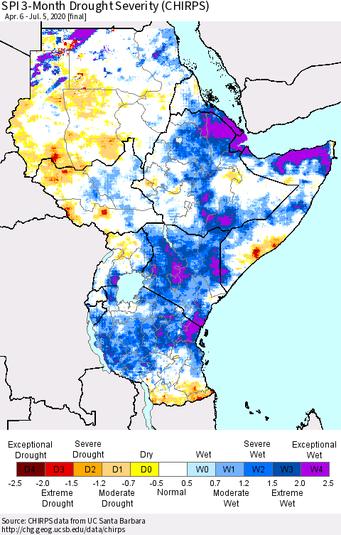 Eastern Africa SPI 3-Month Drought Severity (CHIRPS) Thematic Map For 4/6/2020 - 7/5/2020