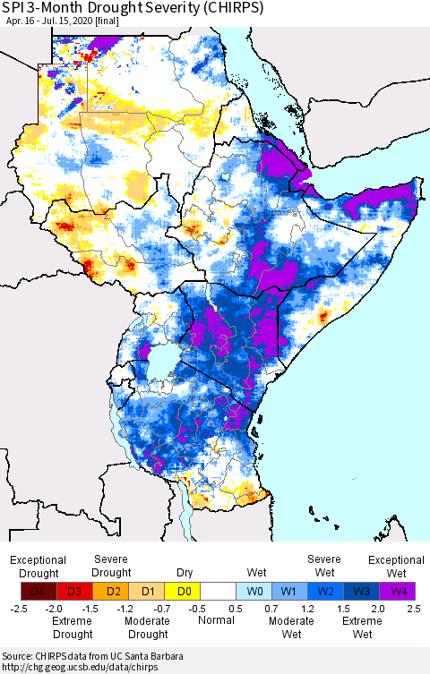 Eastern Africa SPI 3-Month Drought Severity (CHIRPS) Thematic Map For 4/16/2020 - 7/15/2020