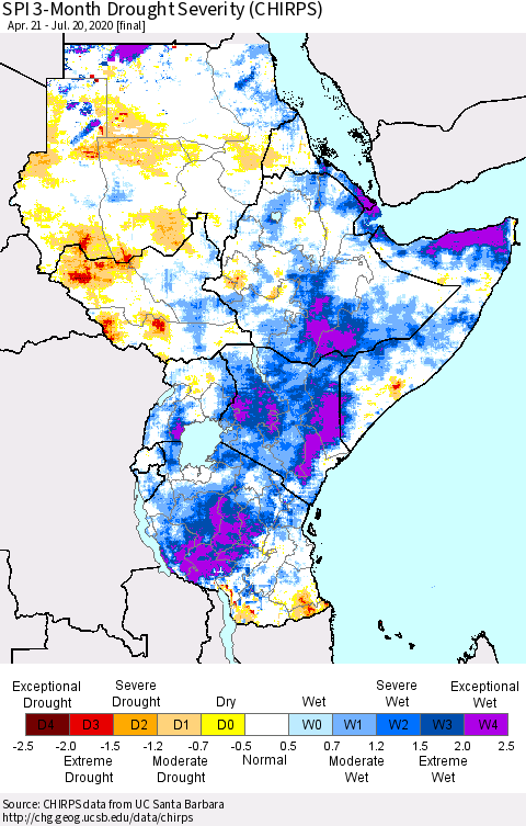 Eastern Africa SPI 3-Month Drought Severity (CHIRPS) Thematic Map For 4/21/2020 - 7/20/2020