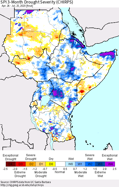 Eastern Africa SPI 3-Month Drought Severity (CHIRPS) Thematic Map For 4/26/2020 - 7/25/2020
