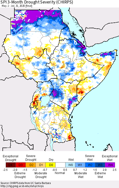 Eastern Africa SPI 3-Month Drought Severity (CHIRPS) Thematic Map For 5/1/2020 - 7/31/2020
