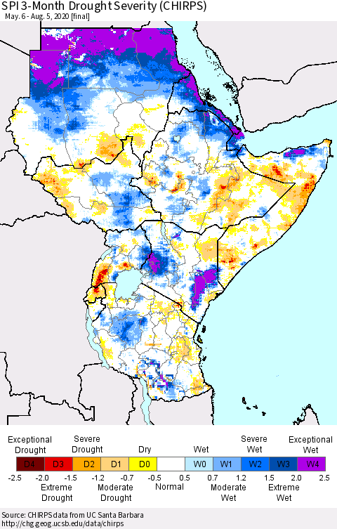 Eastern Africa SPI 3-Month Drought Severity (CHIRPS) Thematic Map For 5/6/2020 - 8/5/2020
