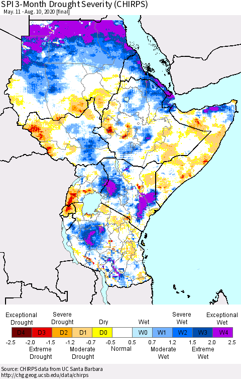 Eastern Africa SPI 3-Month Drought Severity (CHIRPS) Thematic Map For 5/11/2020 - 8/10/2020