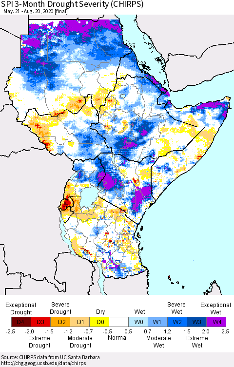 Eastern Africa SPI 3-Month Drought Severity (CHIRPS) Thematic Map For 5/21/2020 - 8/20/2020