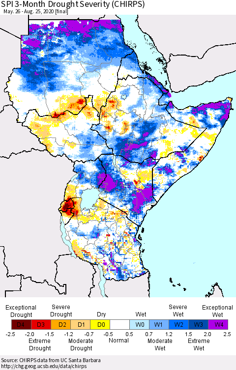 Eastern Africa SPI 3-Month Drought Severity (CHIRPS) Thematic Map For 5/26/2020 - 8/25/2020