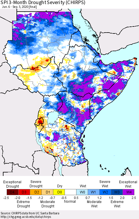 Eastern Africa SPI 3-Month Drought Severity (CHIRPS) Thematic Map For 6/6/2020 - 9/5/2020