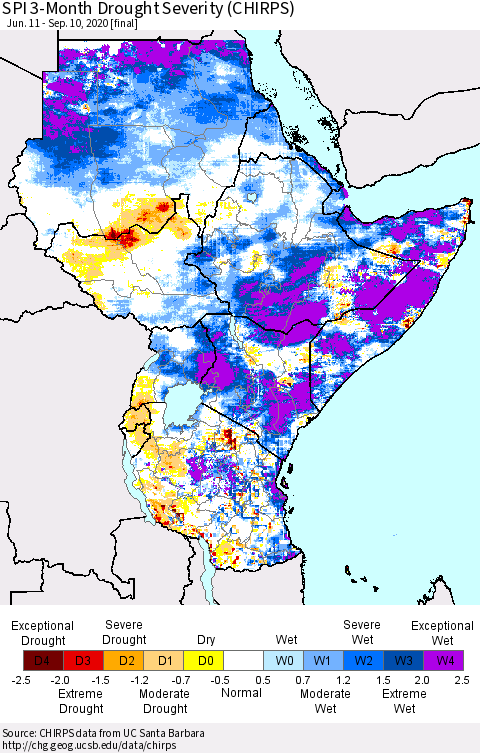 Eastern Africa SPI 3-Month Drought Severity (CHIRPS) Thematic Map For 6/11/2020 - 9/10/2020