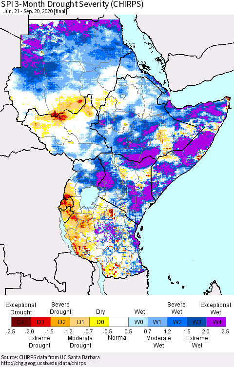 Eastern Africa SPI 3-Month Drought Severity (CHIRPS) Thematic Map For 6/21/2020 - 9/20/2020