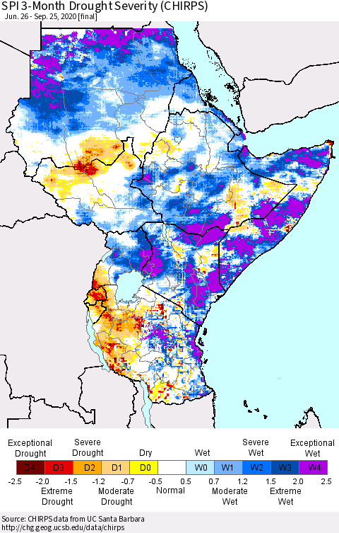 Eastern Africa SPI 3-Month Drought Severity (CHIRPS) Thematic Map For 6/26/2020 - 9/25/2020
