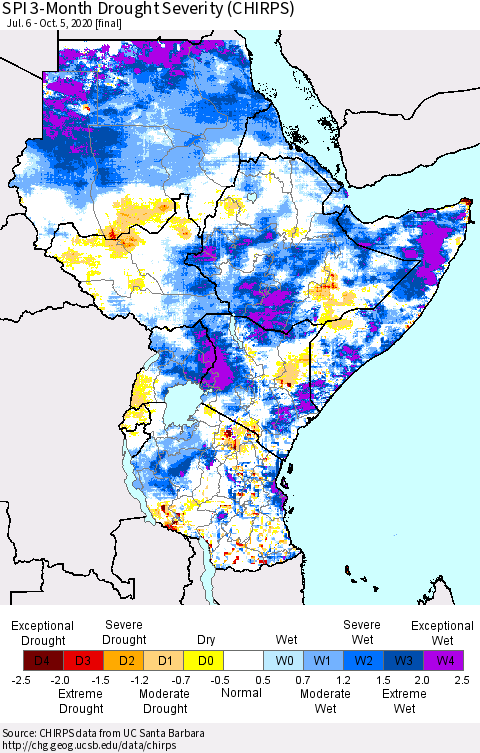 Eastern Africa SPI 3-Month Drought Severity (CHIRPS) Thematic Map For 7/6/2020 - 10/5/2020