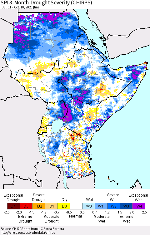 Eastern Africa SPI 3-Month Drought Severity (CHIRPS) Thematic Map For 7/11/2020 - 10/10/2020