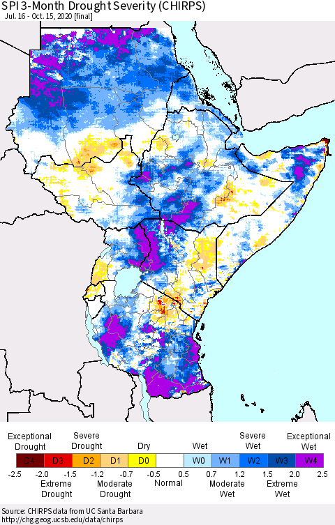 Eastern Africa SPI 3-Month Drought Severity (CHIRPS) Thematic Map For 7/16/2020 - 10/15/2020