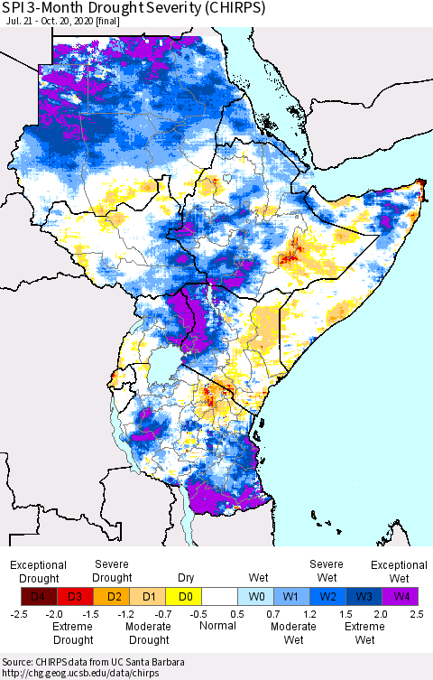Eastern Africa SPI 3-Month Drought Severity (CHIRPS) Thematic Map For 7/21/2020 - 10/20/2020