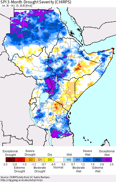 Eastern Africa SPI 3-Month Drought Severity (CHIRPS) Thematic Map For 7/26/2020 - 10/25/2020