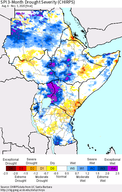 Eastern Africa SPI 3-Month Drought Severity (CHIRPS) Thematic Map For 8/6/2020 - 11/5/2020