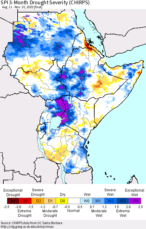 Eastern Africa SPI 3-Month Drought Severity (CHIRPS) Thematic Map For 8/11/2020 - 11/10/2020