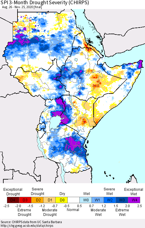 Eastern Africa SPI 3-Month Drought Severity (CHIRPS) Thematic Map For 8/26/2020 - 11/25/2020