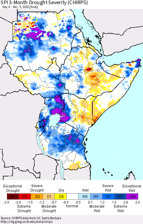 Eastern Africa SPI 3-Month Drought Severity (CHIRPS) Thematic Map For 9/6/2020 - 12/5/2020