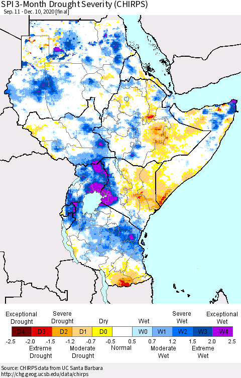Eastern Africa SPI 3-Month Drought Severity (CHIRPS) Thematic Map For 9/11/2020 - 12/10/2020