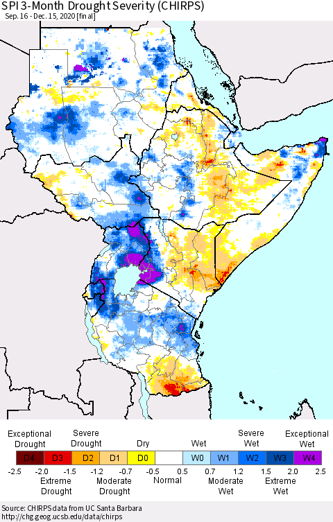 Eastern Africa SPI 3-Month Drought Severity (CHIRPS) Thematic Map For 9/16/2020 - 12/15/2020