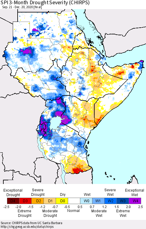 Eastern Africa SPI 3-Month Drought Severity (CHIRPS) Thematic Map For 9/21/2020 - 12/20/2020