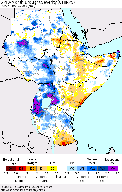 Eastern Africa SPI 3-Month Drought Severity (CHIRPS) Thematic Map For 9/26/2020 - 12/25/2020