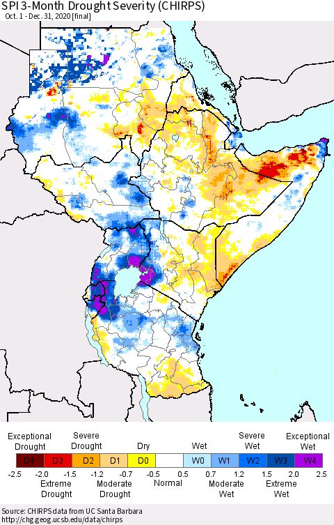 Eastern Africa SPI 3-Month Drought Severity (CHIRPS) Thematic Map For 10/1/2020 - 12/31/2020