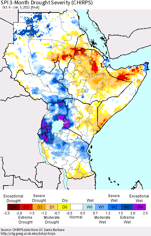 Eastern Africa SPI 3-Month Drought Severity (CHIRPS) Thematic Map For 10/6/2020 - 1/5/2021