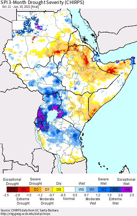 Eastern Africa SPI 3-Month Drought Severity (CHIRPS) Thematic Map For 10/11/2020 - 1/10/2021
