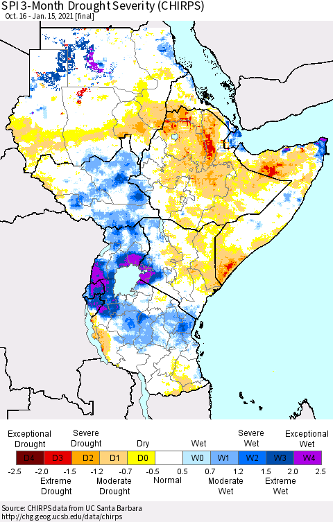Eastern Africa SPI 3-Month Drought Severity (CHIRPS) Thematic Map For 10/16/2020 - 1/15/2021