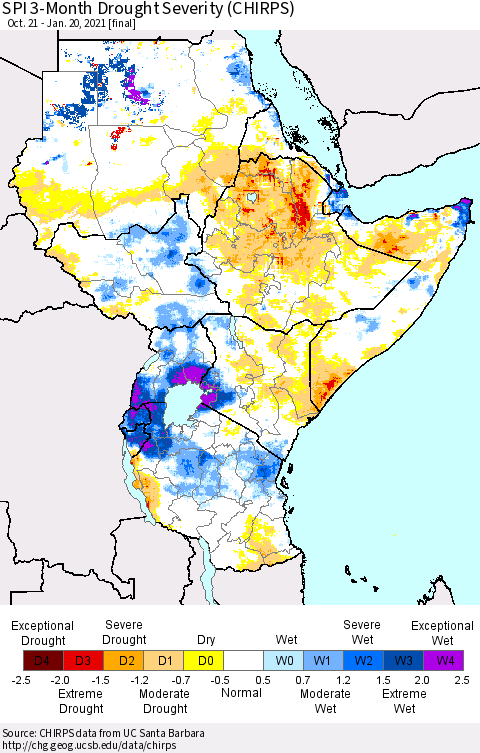 Eastern Africa SPI 3-Month Drought Severity (CHIRPS) Thematic Map For 10/21/2020 - 1/20/2021