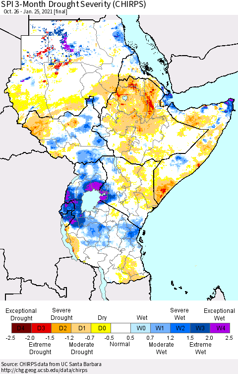 Eastern Africa SPI 3-Month Drought Severity (CHIRPS) Thematic Map For 10/26/2020 - 1/25/2021
