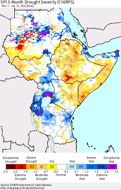Eastern Africa SPI 3-Month Drought Severity (CHIRPS) Thematic Map For 11/1/2020 - 1/31/2021