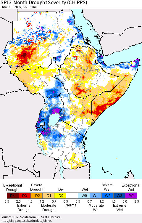 Eastern Africa SPI 3-Month Drought Severity (CHIRPS) Thematic Map For 11/6/2020 - 2/5/2021