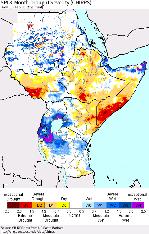 Eastern Africa SPI 3-Month Drought Severity (CHIRPS) Thematic Map For 11/11/2020 - 2/10/2021