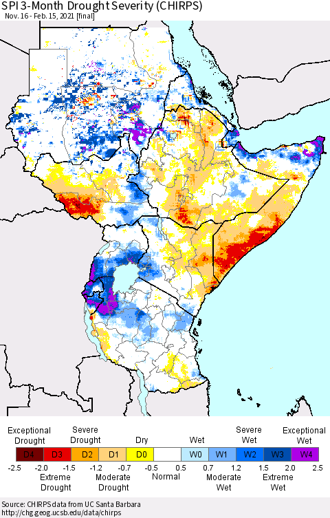 Eastern Africa SPI 3-Month Drought Severity (CHIRPS) Thematic Map For 11/16/2020 - 2/15/2021