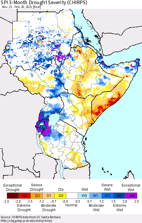 Eastern Africa SPI 3-Month Drought Severity (CHIRPS) Thematic Map For 11/21/2020 - 2/20/2021