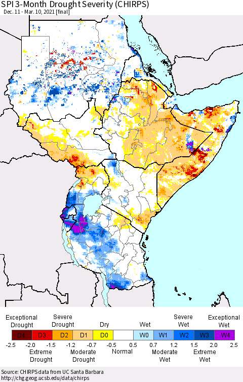 Eastern Africa SPI 3-Month Drought Severity (CHIRPS) Thematic Map For 12/11/2020 - 3/10/2021