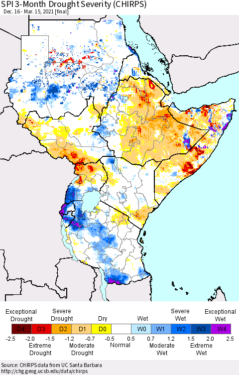 Eastern Africa SPI 3-Month Drought Severity (CHIRPS) Thematic Map For 12/16/2020 - 3/15/2021