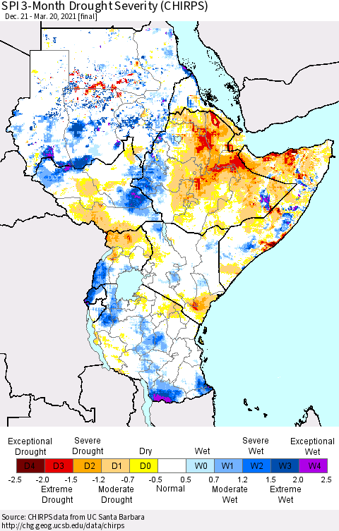 Eastern Africa SPI 3-Month Drought Severity (CHIRPS) Thematic Map For 12/21/2020 - 3/20/2021