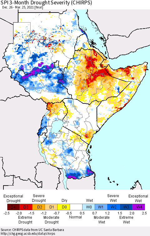 Eastern Africa SPI 3-Month Drought Severity (CHIRPS) Thematic Map For 12/26/2020 - 3/25/2021