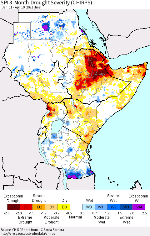 Eastern Africa SPI 3-Month Drought Severity (CHIRPS) Thematic Map For 1/11/2021 - 4/10/2021