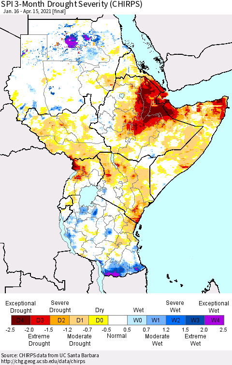 Eastern Africa SPI 3-Month Drought Severity (CHIRPS) Thematic Map For 1/16/2021 - 4/15/2021