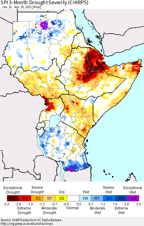 Eastern Africa SPI 3-Month Drought Severity (CHIRPS) Thematic Map For 1/21/2021 - 4/20/2021